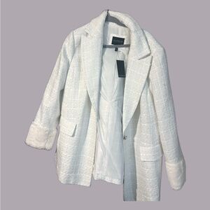 Cream fur cuffed tweed blazer with pearl button perfect bridal jacket